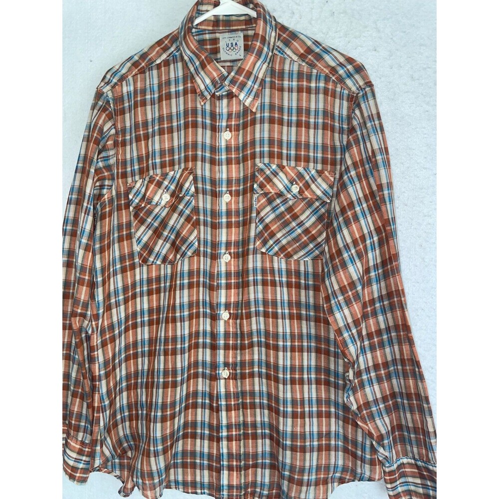 Vintage Levis Shirt Mens L Olympic Games 1980 Button Up Pocket Rainbow Plaid
